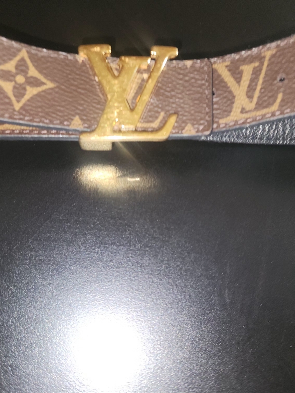 Louis Vuitton M9453B Monogram Belt with Gold LV Buckle.